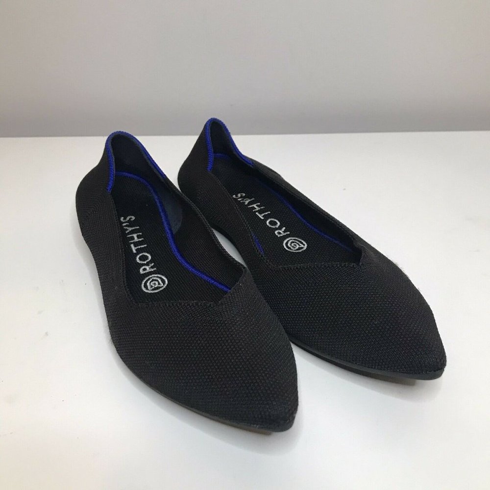 Rothy's The Point Pointed Toe Flat Women's 8.5 Solid Black Slip On Knit Shoe